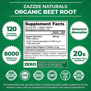 Zazzee USDA Organic Beet Root 20:1 Extract – 8000 mg Strength – 120 Vegan Quick Release Capsules with Black Pepper Extract – Non - GMO, Made in the USA - Vitamen Store