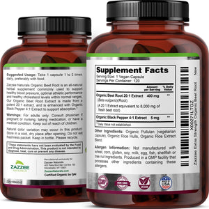 Zazzee USDA Organic Beet Root 20:1 Extract – 8000 mg Strength – 120 Vegan Quick Release Capsules with Black Pepper Extract – Non - GMO, Made in the USA - Vitamen Store