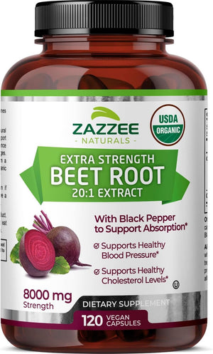 Zazzee USDA Organic Beet Root 20:1 Extract – 8000 mg Strength – 120 Vegan Quick Release Capsules with Black Pepper Extract – Non - GMO, Made in the USA - Vitamen Store