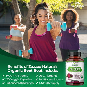 Zazzee USDA Organic Beet Root 20:1 Extract – 8000 mg Strength – 120 Vegan Quick Release Capsules with Black Pepper Extract – Non - GMO, Made in the USA - Vitamen Store