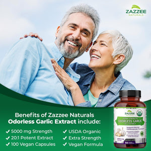 Zazzee USDA Organic Odorless Garlic 20:1 Extract – 5000 mg Strength – 100 Vegan Capsules – Non - GMO, All - Natural, Made in the USA - Vitamen Store
