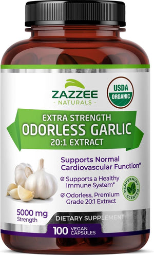 Zazzee USDA Organic Odorless Garlic 20:1 Extract – 5000 mg Strength – 100 Vegan Capsules – Non - GMO, All - Natural, Made in the USA - Vitamen Store