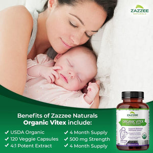 Zazzee USDA Organic Vitex – 500 mg Strength – 120 Vegan Capsules – 4X Concentrated Extract – Non - GMO, All - Natural, Made with Whole Organic Chaste Berry - Vitamen Store