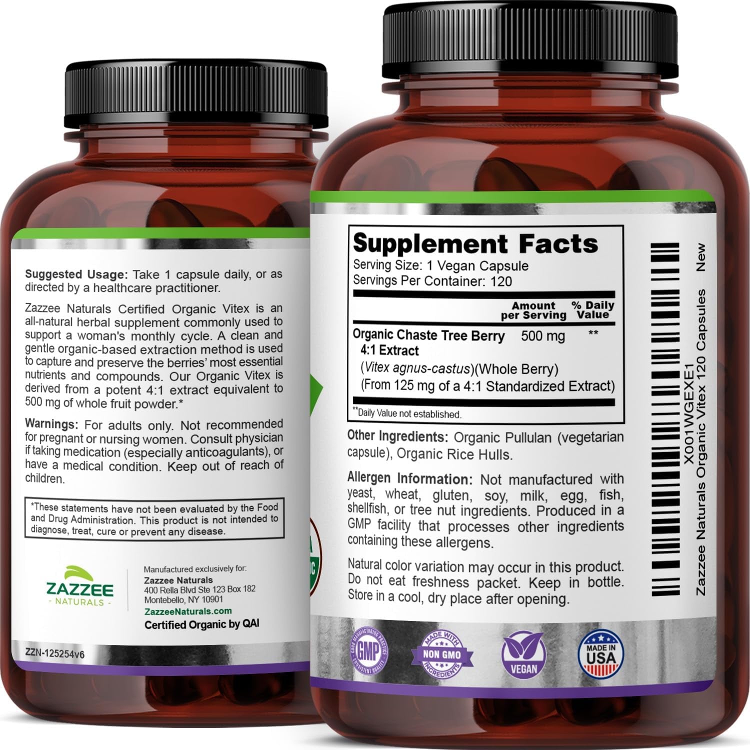 Zazzee USDA Organic Vitex – 500 mg Strength – 120 Vegan Capsules – 4X Concentrated Extract – Non - GMO, All - Natural, Made with Whole Organic Chaste Berry - Vitamen Store