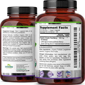 Zazzee USDA Organic Vitex – 500 mg Strength – 120 Vegan Capsules – 4X Concentrated Extract – Non - GMO, All - Natural, Made with Whole Organic Chaste Berry - Vitamen Store