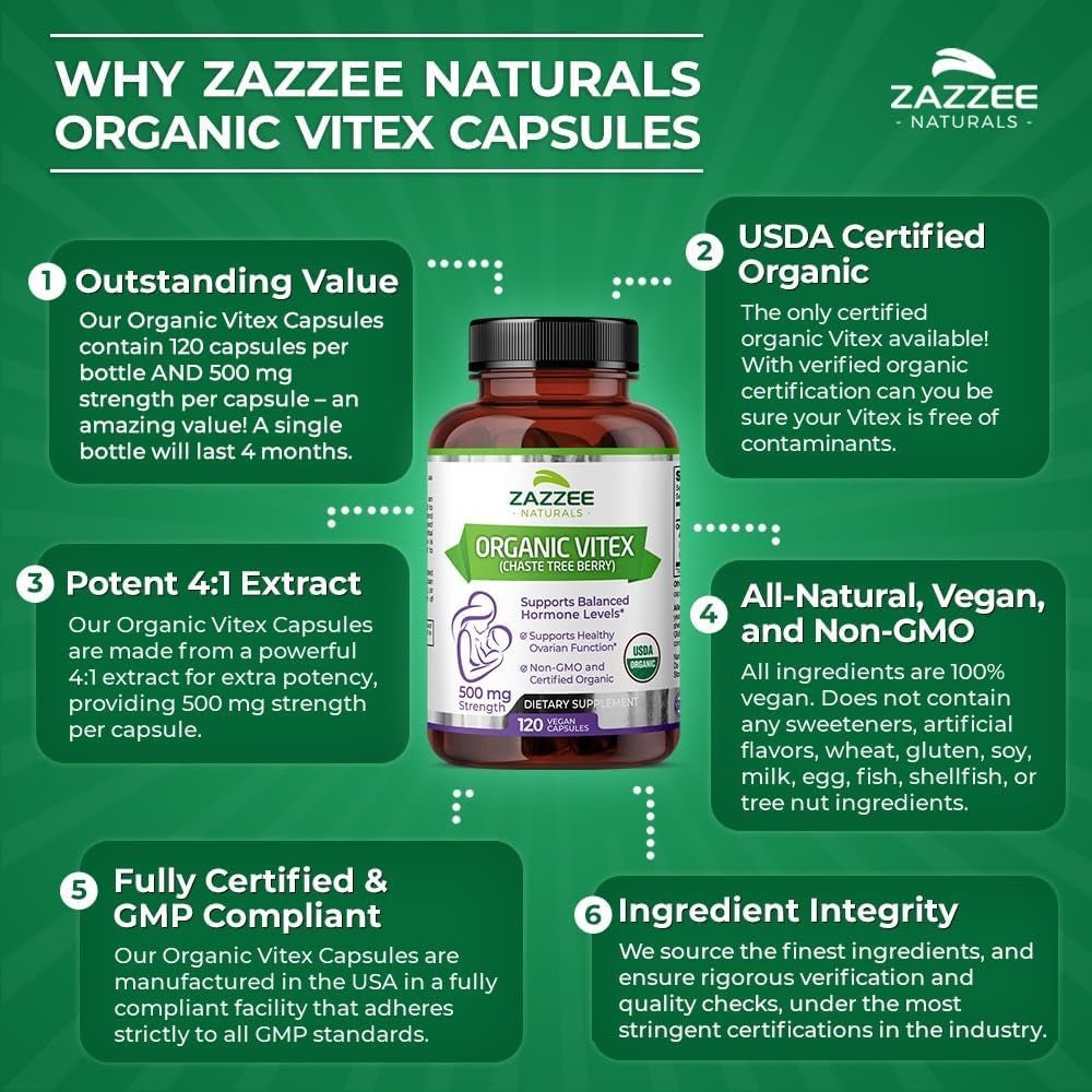 Zazzee USDA Organic Vitex – 500 mg Strength – 120 Vegan Capsules – 4X Concentrated Extract – Non - GMO, All - Natural, Made with Whole Organic Chaste Berry - Vitamen Store