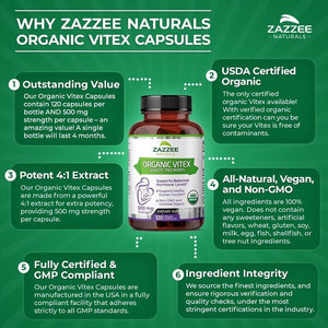 Zazzee USDA Organic Vitex – 500 mg Strength – 120 Vegan Capsules – 4X Concentrated Extract – Non - GMO, All - Natural, Made with Whole Organic Chaste Berry - Vitamen Store