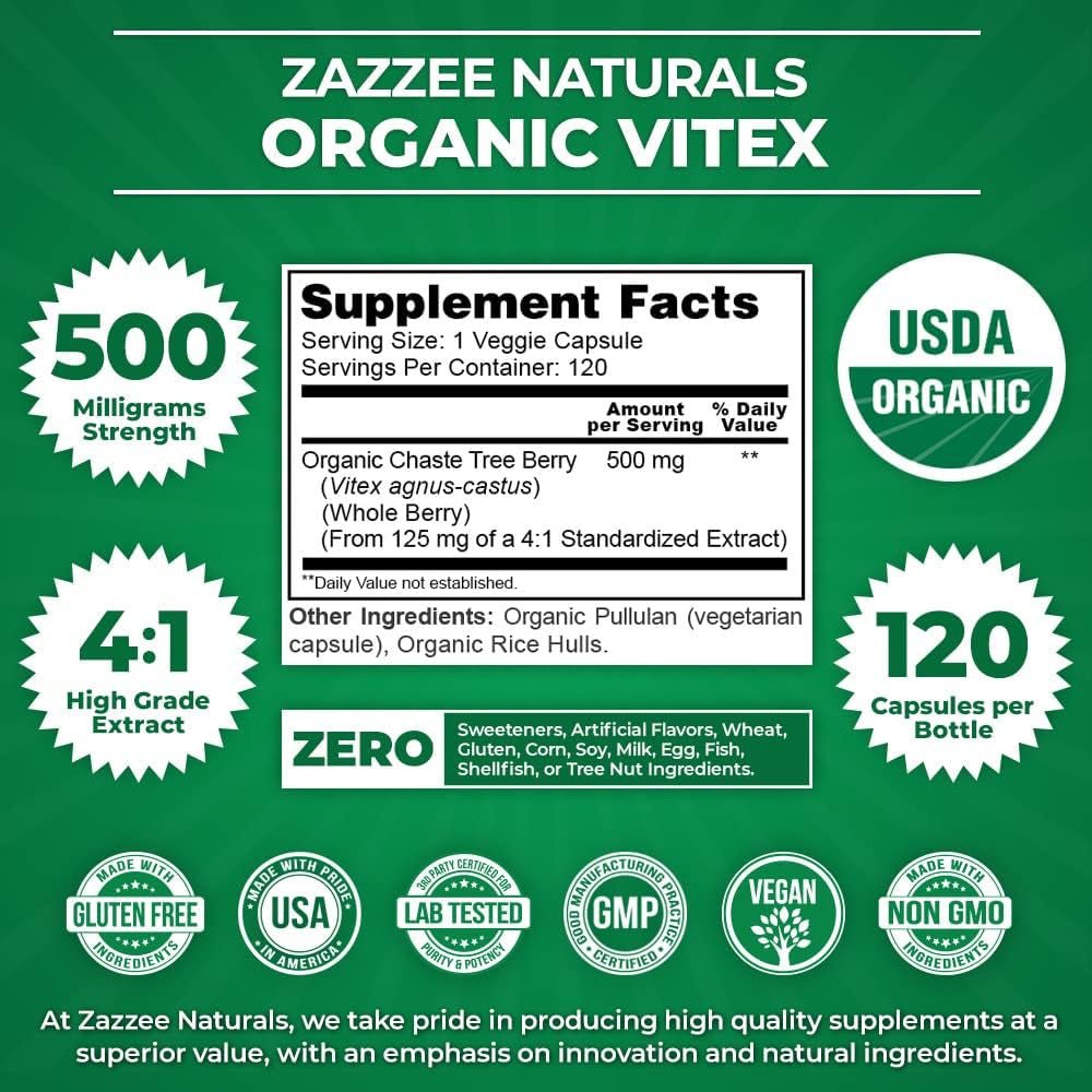 Zazzee USDA Organic Vitex – 500 mg Strength – 120 Vegan Capsules – 4X Concentrated Extract – Non - GMO, All - Natural, Made with Whole Organic Chaste Berry - Vitamen Store