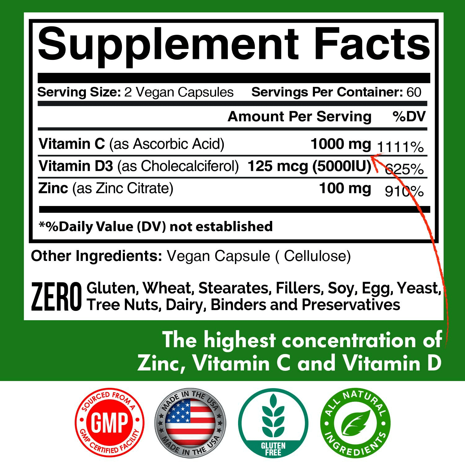 Zinc 100mg, Vitamin C 1000mg, Vitamin D 5000IU per Serving, Immune Support for Adults Kids, Immune System Booster Supplements, Non GMO, No Filler, No Stearate, 120 Vegan Capsules, 60 Day Supply - Vitamen Store