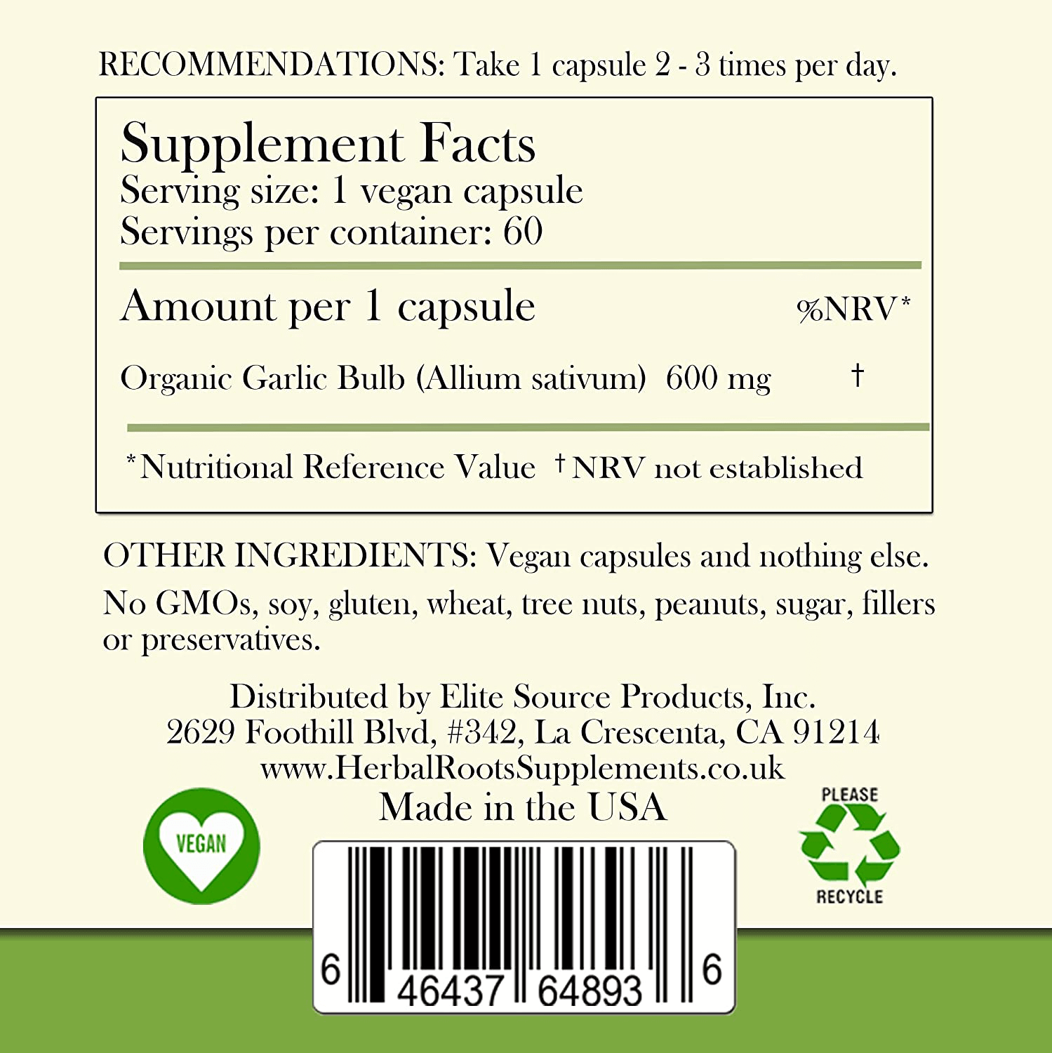 Herbal Roots Organic Whole Bulb Garlic Pills - Potent Extra Strength - Immune and Cardiovascular Support - 600 mg, 60 Capsules - Made in The USA - vitamenstore.com