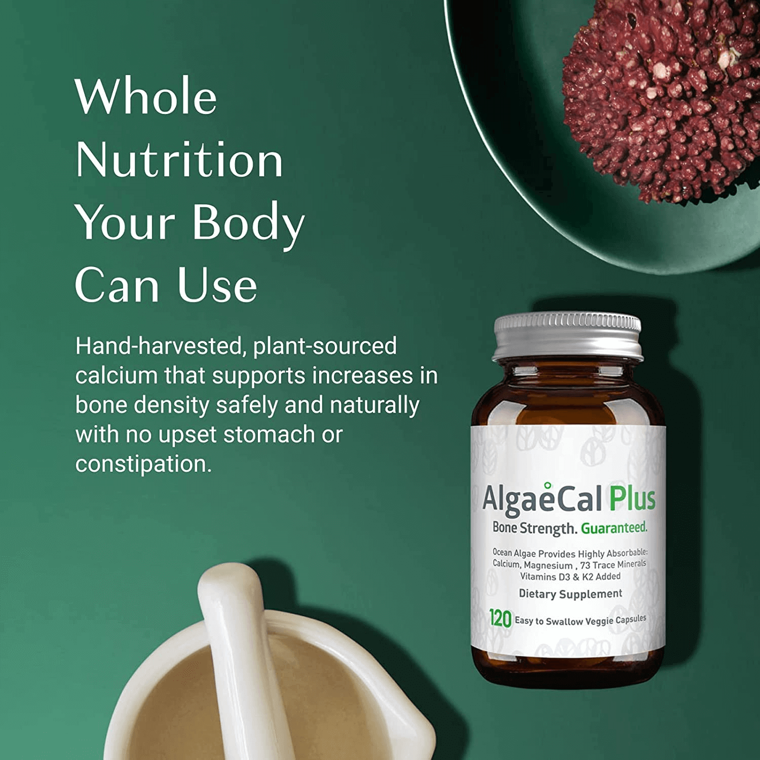 Algaecal plus – Plant-Based Calcium Supplement with Magnesium, Boron, Vitamin K2 + D3 | Increase Bone Strength | All Natural Ingredients | Highly Absorbable | 120 Veggie Capsules (1 Pack) - vitamenstore.com