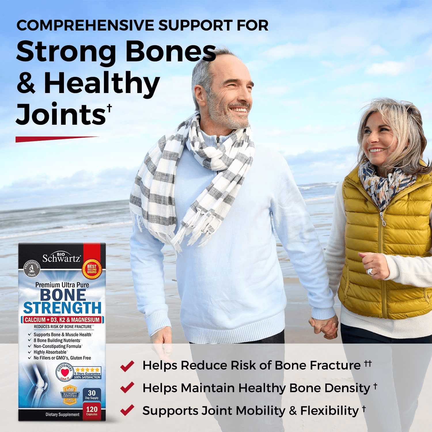 Bone Strength Supplement with Calcium + D3, K2 & Magnesium - Highly Absorbable Vitamin Blend for Bone & Muscle Support - Non-Constipating Formula - 8 Bone Building Nutrients - 120 Count - vitamenstore.com