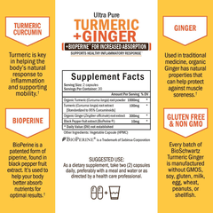 Organic Turmeric & Ginger Capsules with BioPerine Black Pepper for Increased Absorption - 2 Way Muscle & Joint Support Supplement - Designed for Stomach Comfort - for Immune & Cardio Support - vitamenstore.com