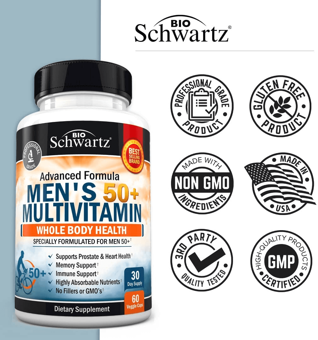 Once Daily Multivitamin for Men 50 and over - Supplement for Heart Health Support - with Zinc, A, B, C, D3, E Vitamins - for Memory & Brain Health Support - Designed for Whole Body Health - 60 Count - vitamenstore.com
