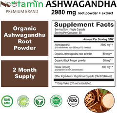 Ashwagandha 2980 mg - 60 Vegan Capsules Pure Organic Powder & Root Extract + Panax Ginseng + Black Pepper - Natural Stress Anxiety Relief, Mood Enhancer, Adrenal & Thyroid Support - 2 Months Supply - vitamenstore.com