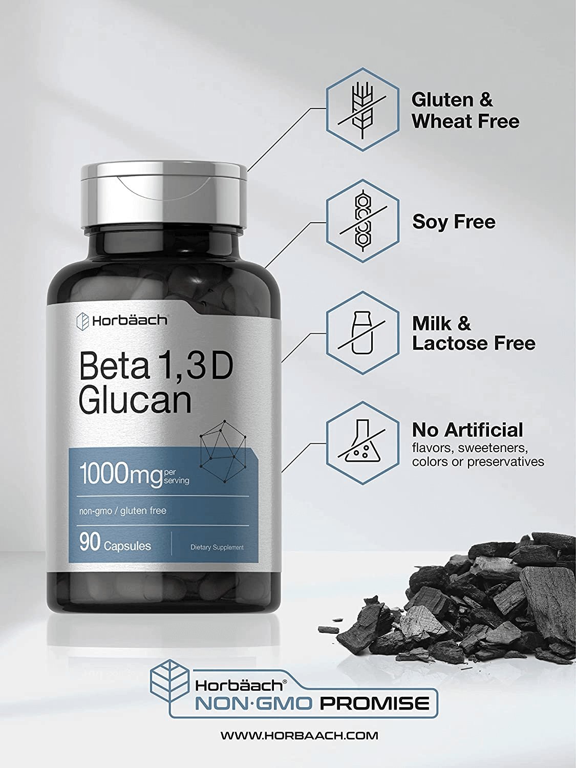 Beta Glucan 1 3D 1000 Mg | 90 Capsules | Beta 1,3, 1,6 D Glucan | Non - Gmo, Gluten Free Supplement | by Horbaach - Vitamen Store