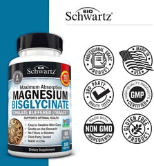 Magnesium Bisglycinate 100% Chelate No-Laxative Effect - Maximum Absorption & Bioavailability, Fully Reacted & Buffered - Healthy Energy Muscle Bone & Joint Support - Non-Gmo Project Verified -180Ct - vitamenstore.com