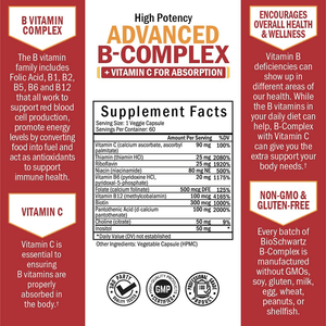 Vitamin B Complex with Vitamin C for Maximum Absorption - Methylcobalamin B12 & Folate Folic Acid Supplement - Vitamins B1 B2 B3 B5 B6 B7 B9 for Immune Energy & Nervous System Support - Non - Gmo - 60Ct - Vitamen Store