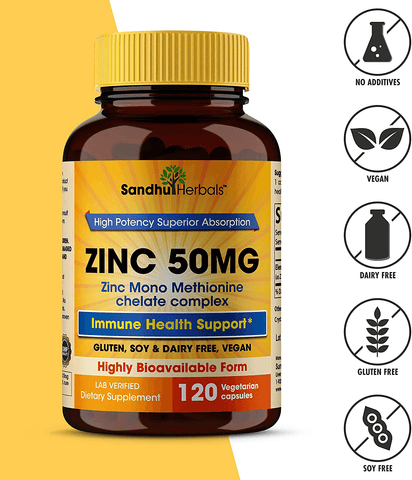 Zinc 50mg Supplement 120 Vegetarian Capsules, Zinc Highly Absorbable Supplements for Immune Support System, Gluten Free Zinc Supplement