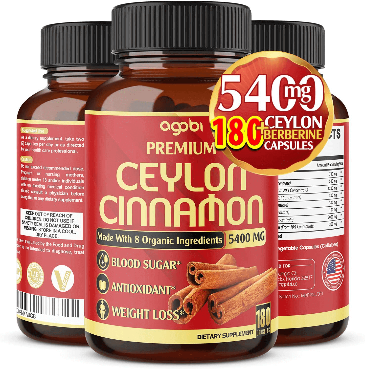 Premium Organic Ceylon Cinnamon + Berberine Capsules, Highest Potency 5400 mg, Promote Joint Health-Powerfully Support Sugar Metabolism & Antioxidants - Added Turmeric, Ginger-180 Vegan Capsules*