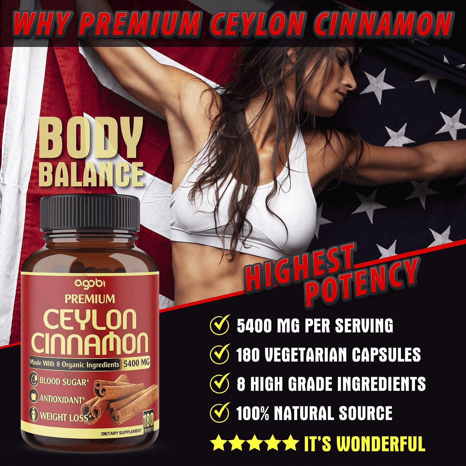 Premium Organic Ceylon Cinnamon + Berberine Capsules, Highest Potency 5400 mg, Promote Joint Health-Powerfully Support Sugar Metabolism & Antioxidants - Added Turmeric, Ginger-180 Vegan Capsules*