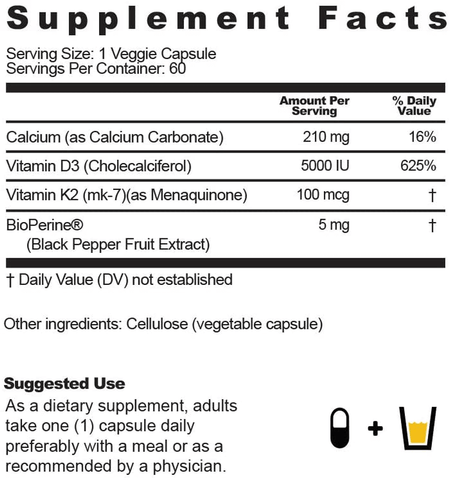 Nobi Nutrition Vitamin D3 K2 with Bioperine - Vitamin D3 5000 IU, Vitamin K2 100 MCG, Calcium 210 MG - 2-in-1 K2 D3 Vitamin Supplements to Support Bone, Heart & Teeth Essential Nutrients - 60 Capsules