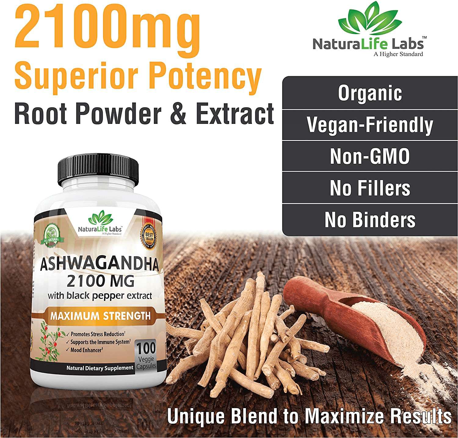 Organic Ashwagandha 2,100 mg - 100 Vegan Capsules 