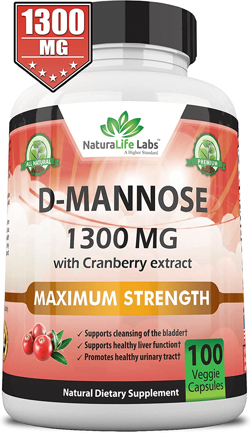 D-Mannose 1,300 mg with Cranberry Extract 100 Veggie Capsules