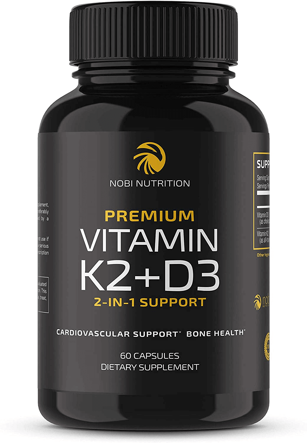 Nobi Nutrition Vitamin D3 K2 with Bioperine - Vitamin D3 5000 IU, Vitamin K2 100 MCG, Calcium 210 MG - 2-in-1 K2 D3 Vitamin Supplements to Support Bone, Heart & Teeth Essential Nutrients - 60 Capsules