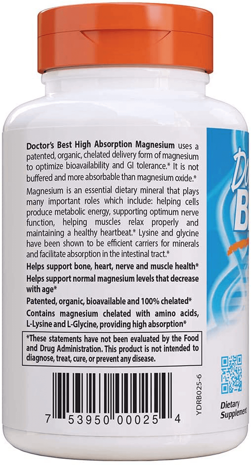 Doctor's Best High Absorption Magnesium Glycinate Lysinate, 100% Chelated, TRACCS, Not Buffered, Headaches, Sleep, Energy, Leg Cramps, Non-GMO, Vegan, Gluten Free, Soy Free, 100 mg, 120 Tablets