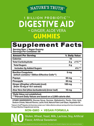 Digestive Aid Gummies | 50 Count | Vegan, Non-GMO & Gluten Free Probiotic Supplement | by Natures Truth