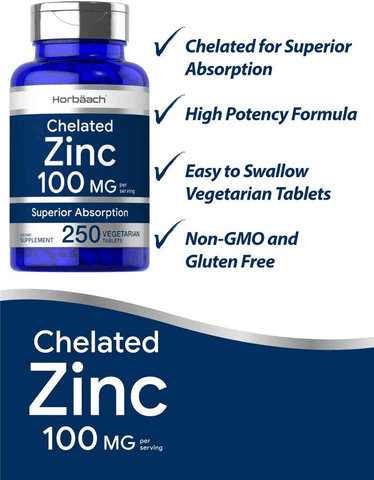 Chelated Zinc Supplement 100mg | 250 Tablets | High Potency & Superior Absorption | Vegetarian, Non-GMO, Gluten Free | by Horbaach