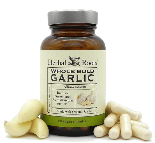 Herbal Roots Organic Whole Bulb Garlic Pills - Potent Extra Strength - Immune and Cardiovascular Support - 600 mg, 60 Capsules - Made in The USA