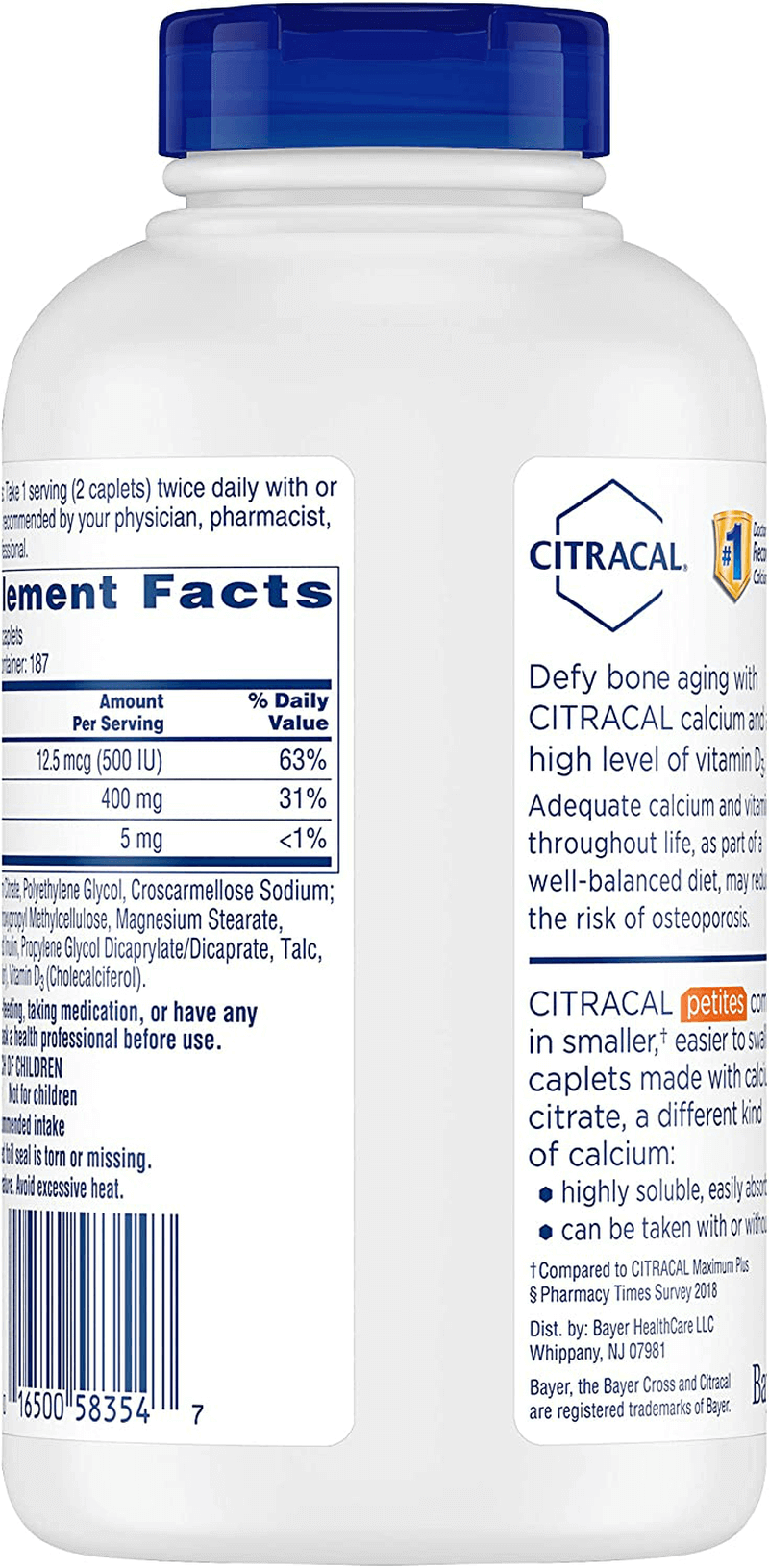 Citracal Petites, Highly Soluble, Easily Digested, 400 mg Calcium Citrate with 500 IU Vitamin D3, Bone Health Supplement for Adults, Relatively Small Easy-to-Swallow Caplets, 375 Count