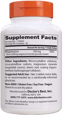 Doctor's Best High Absorption Magnesium Glycinate Lysinate, 100% Chelated, TRACCS, Not Buffered, Headaches, Sleep, Energy, Leg Cramps, Non-GMO, Vegan, Gluten Free, Soy Free, 100 mg, 120 Tablets