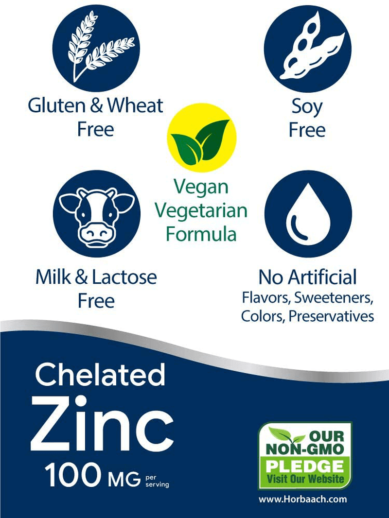 Chelated Zinc Supplement 100mg | 250 Tablets | High Potency & Superior Absorption | Vegetarian, Non-GMO, Gluten Free | by Horbaach