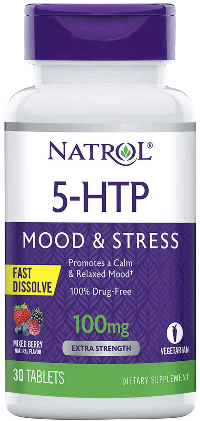 Natrol 5-HTP Fast Dissolve Tablets, Promotes a Calm Relaxed Mood, Helps Maintain a Positive Outlook, Enables Production of Serotonin, Drug-Free, Controlled Release, Maximum Strength, Wild Berry Flavor