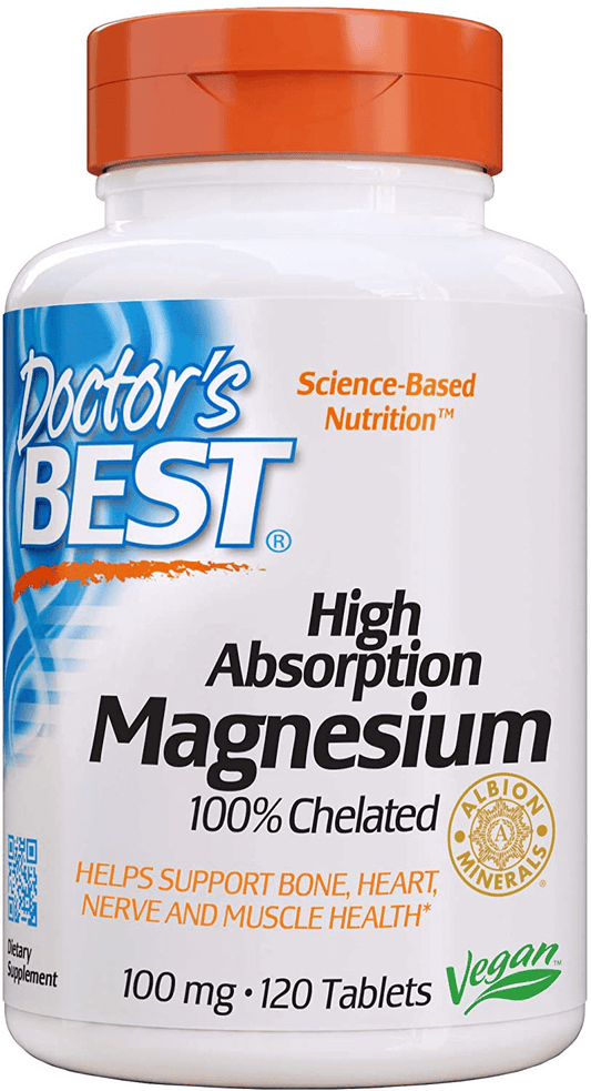 Doctor's Best High Absorption Magnesium Glycinate Lysinate, 100% Chelated, TRACCS, Not Buffered, Headaches, Sleep, Energy, Leg Cramps, Non-GMO, Vegan, Gluten Free, Soy Free, 100 mg, 120 Tablets