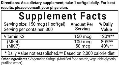 Micro Ingredients Vitamin K2 Complex (MK-4 + MK-7 Formula), 150 mcg, Immune Vitamins and Joint Health Supplement, Non-GMO (300 Count (Pack of 1))