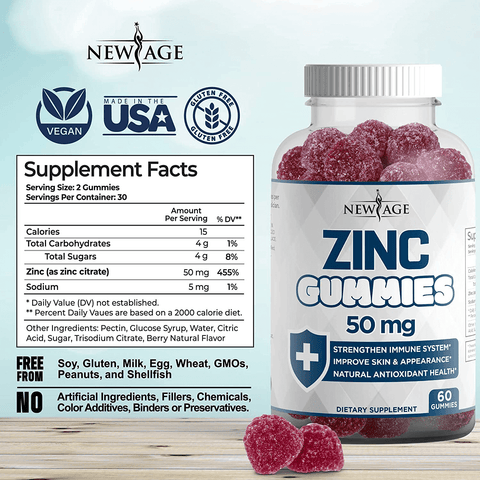 Zinc Gummies - 2 Pack - High Potency Immune Booster Zinc Supplement, Immune Defense, Powerful Natural Antioxidant, Non-GMO Zinc 50mg - by New Age, 120 Count