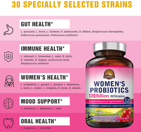 Vitalitown 120 Billion CFUs Women’s Probiotics 1 Cap Daily | 30 Strains + Prebiotics + Digestive Enzymes + Cranberry | Shelf Stable | Gut & Vaginal Health | Vegan Non-GMO | 30 Delayed Release Veg Caps