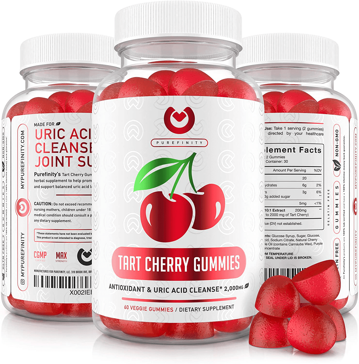 Purefinity Tart Cherry Gummies – RawTart Cherry Extract Gummy Alternative to Tart Cherry Capsules, Juice, Pills - Advanced Uric Acid Cleanse, Powerful Antioixidant w/ Joint Support - 60 Vegan Gummies