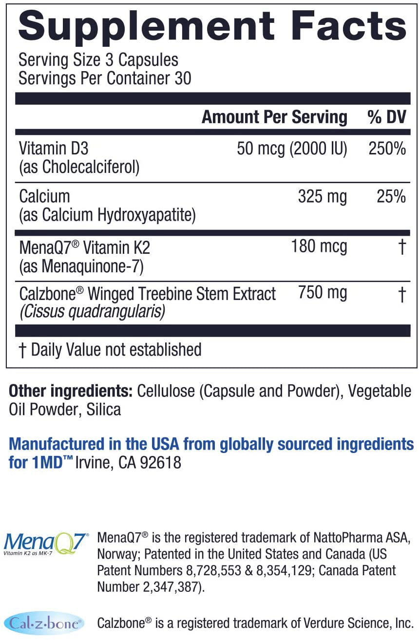 1MD OsteoMD for Comprehensive Bone Support | with Calcium Hydroxyapatite, Vitamin D3 & K2 | 90 Capsules