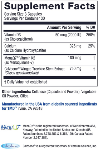 1MD OsteoMD for Comprehensive Bone Support | with Calcium Hydroxyapatite, Vitamin D3 & K2 | 90 Capsules