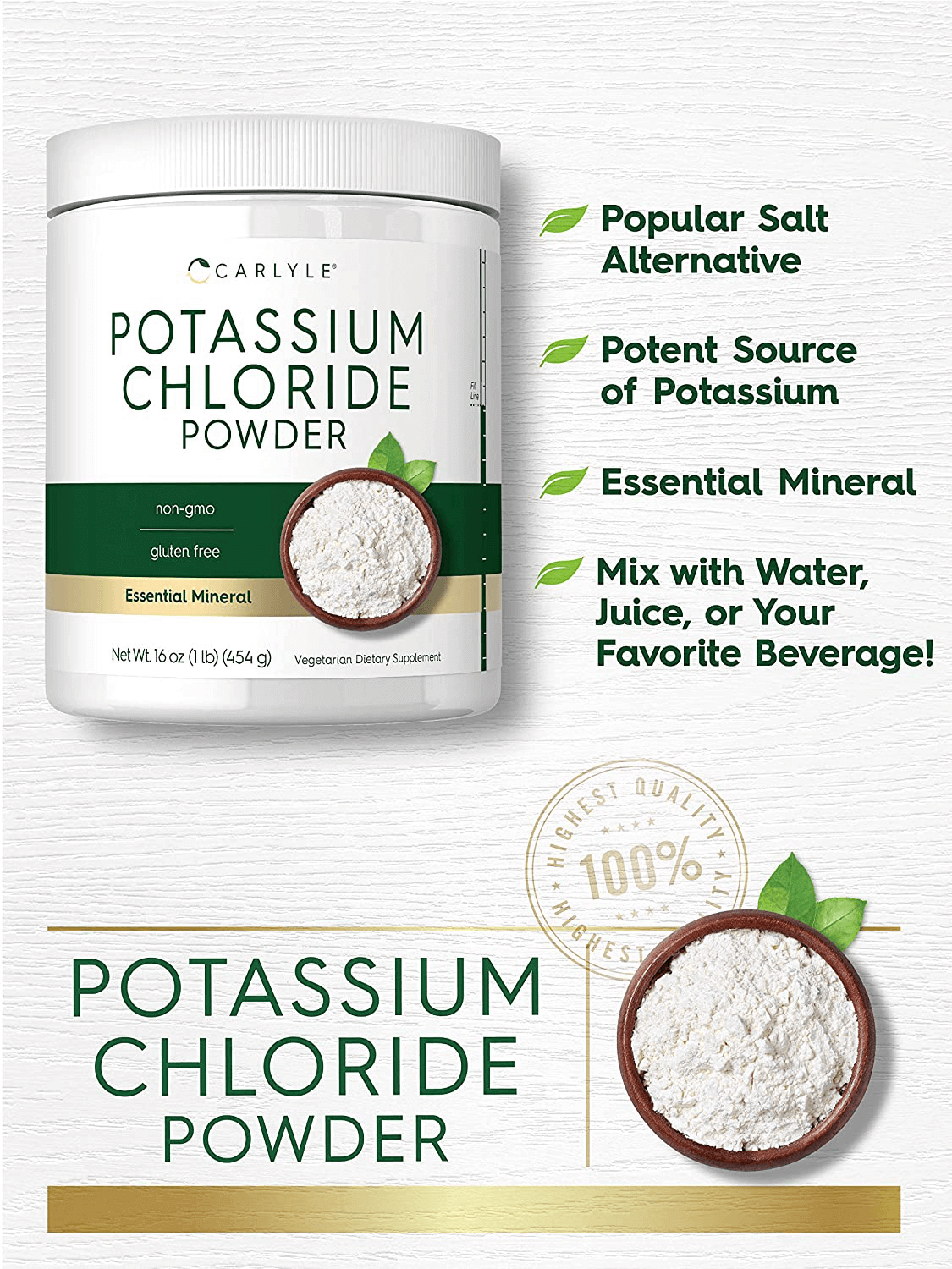 Potassium Chloride Powder Supplement 16 oz | Food Grade | Salt Substitute | Vegan, Vegetarian, Non-GMO, Gluten Free | by Carlyle