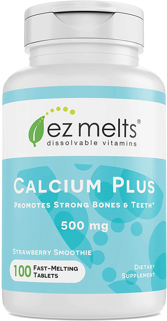 EZ Melts Calcium Plus with Vegan D3 and Magnesium, 500 mg, Sublingual Vitamins, Vegan, Zero Sugar, Natural Strawberry Flavor, 100 Fast Dissolve Tablets