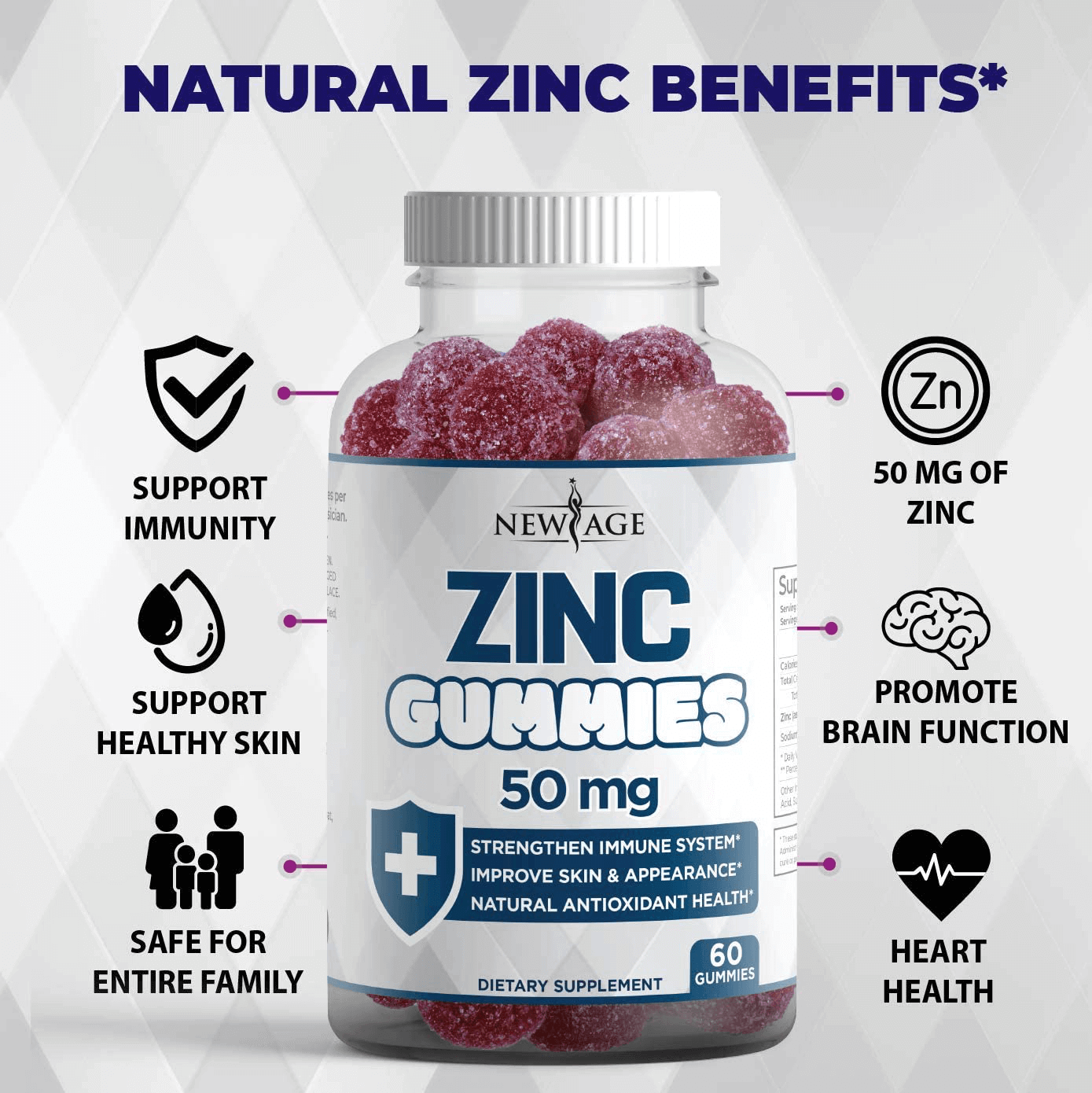 Zinc Gummies - 2 Pack - High Potency Immune Booster Zinc Supplement, Immune Defense, Powerful Natural Antioxidant, Non-GMO Zinc 50mg - by New Age, 120 Count