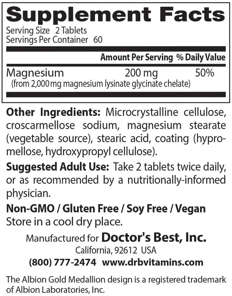 Doctor's Best High Absorption Magnesium Glycinate Lysinate, 100% Chelated, TRACCS, Not Buffered, Headaches, Sleep, Energy, Leg Cramps, Non-GMO, Vegan, Gluten Free, Soy Free, 100 mg, 120 Tablets