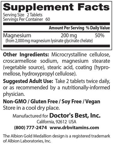 Doctor's Best High Absorption Magnesium Glycinate Lysinate, 100% Chelated, TRACCS, Not Buffered, Headaches, Sleep, Energy, Leg Cramps, Non-GMO, Vegan, Gluten Free, Soy Free, 100 mg, 120 Tablets