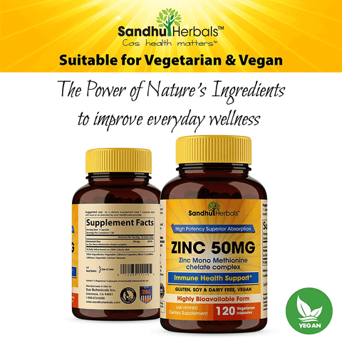 Zinc 50mg Supplement 120 Vegetarian Capsules, Zinc Highly Absorbable Supplements for Immune Support System, Gluten Free Zinc Supplement